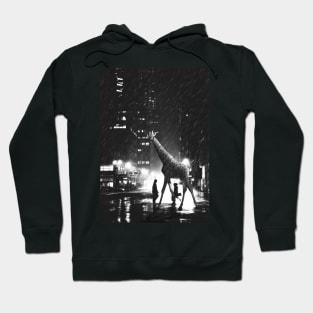 Raining Giraffe Night City Black and White Hoodie